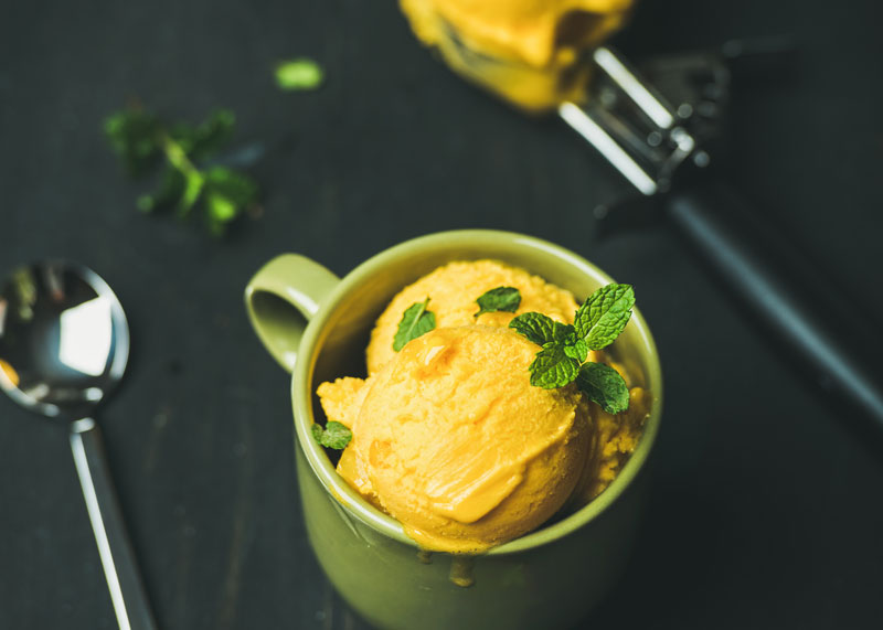Mango Sorbet Ice Cream Scoops with Fresh Mint - Pure Indian Foods Blog