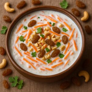 A bowl of carrot raisin and nut raita