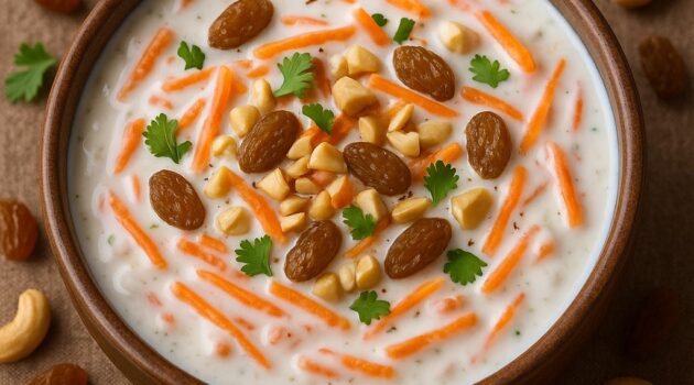 A bowl of carrot raisin and nut raita